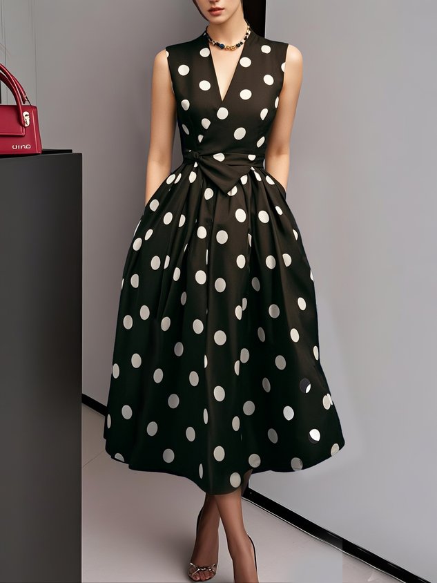 White Polka Dots V Neck Sleeveless A-Line Midi Dress