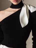 One-Shoulder Knit Top With Contrast Bow Detail
