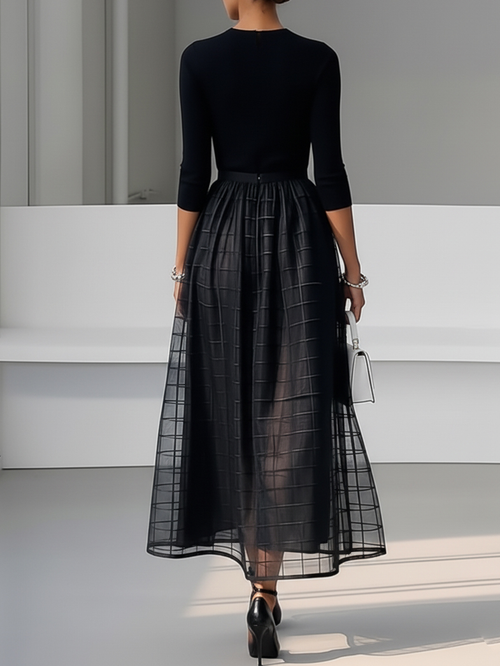 Black Organza Knit Crew Neck Half Sleeve A-Line Midi Dress