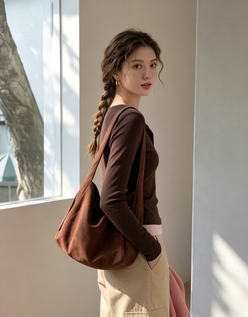 Brown Henley-style long-sleeved top