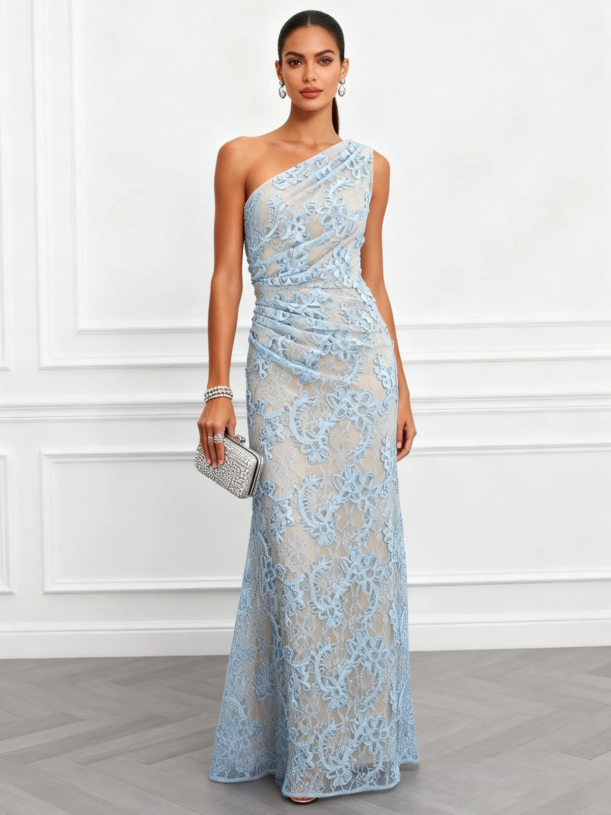 Light Blue Lace Jacquard One Shoulder Sleeveless Mermaid Floor-length Gown Dress