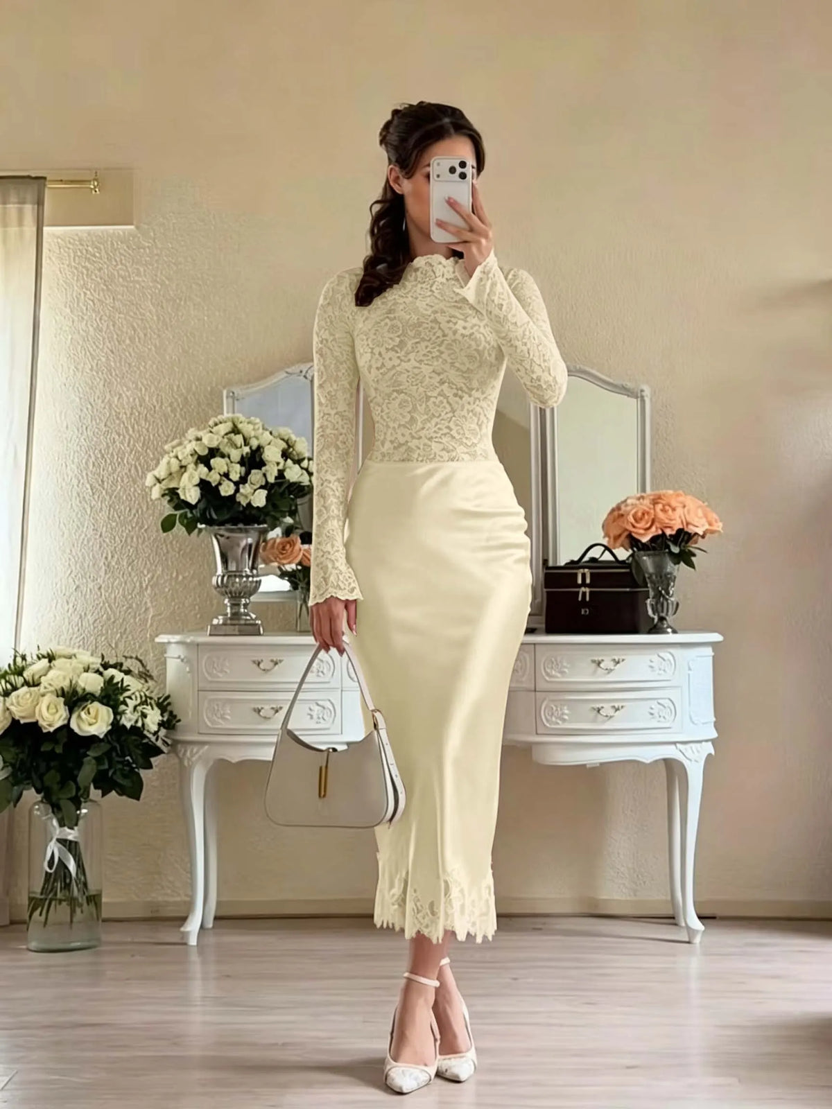 Cocoslly Long Sleeves High Waist Long Mermaid Prom Dress | White Lace And Satin JZ0165