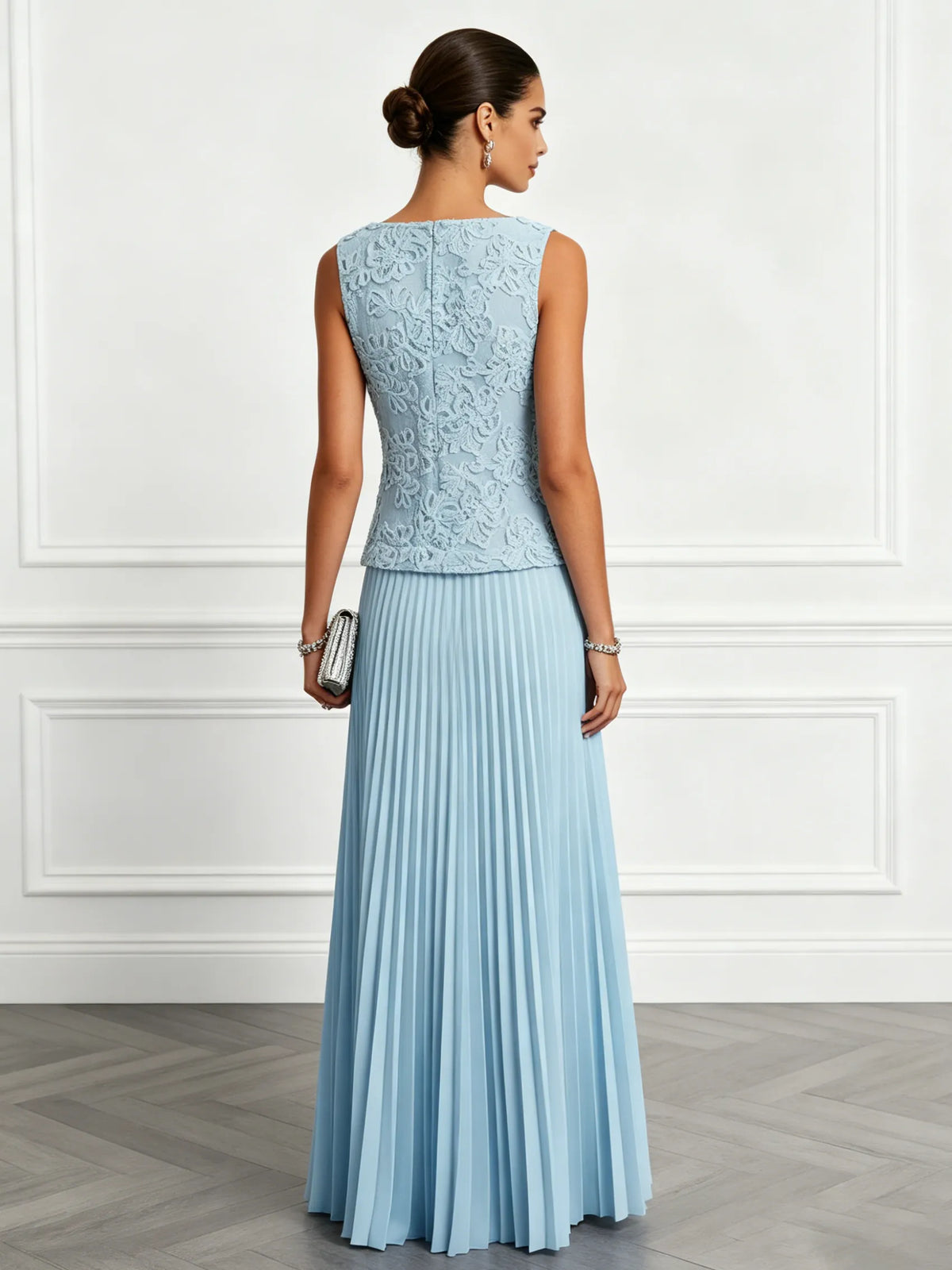 Light Blue Lace Jacquard Classic Boat Neck Sleeveless A-Line Floor-length Gown Dress