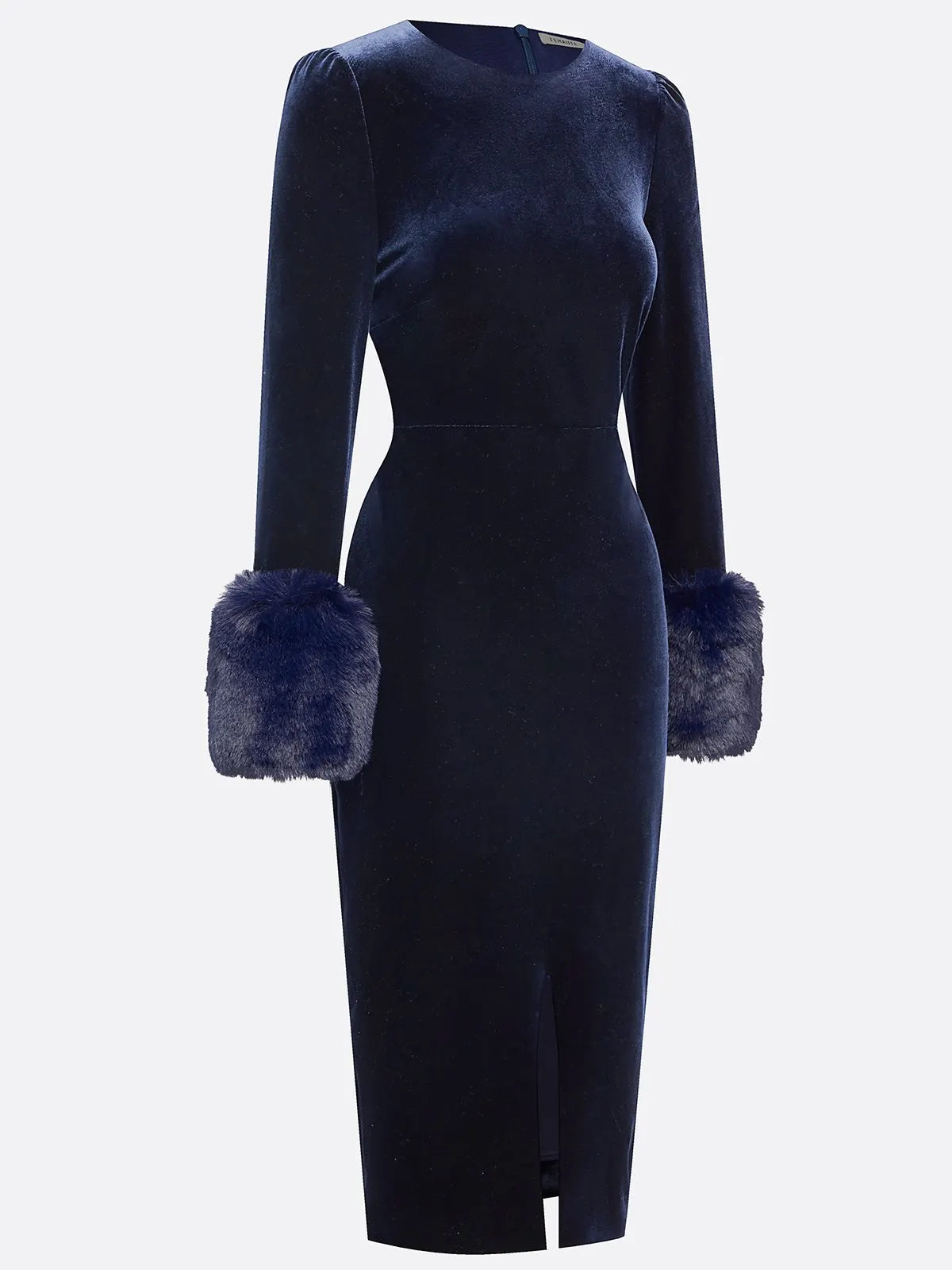 Navy Blue Slit Velvet Crew Neck Faux Fur Long Sleeve Sheath Midi Dress
