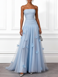 Light Blue 3D Floral Ruched Tulle Strapless Sleeveless A-Line Gown Dress