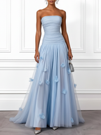 Light Blue 3D Floral Ruched Tulle Strapless Sleeveless A-Line Gown Dress