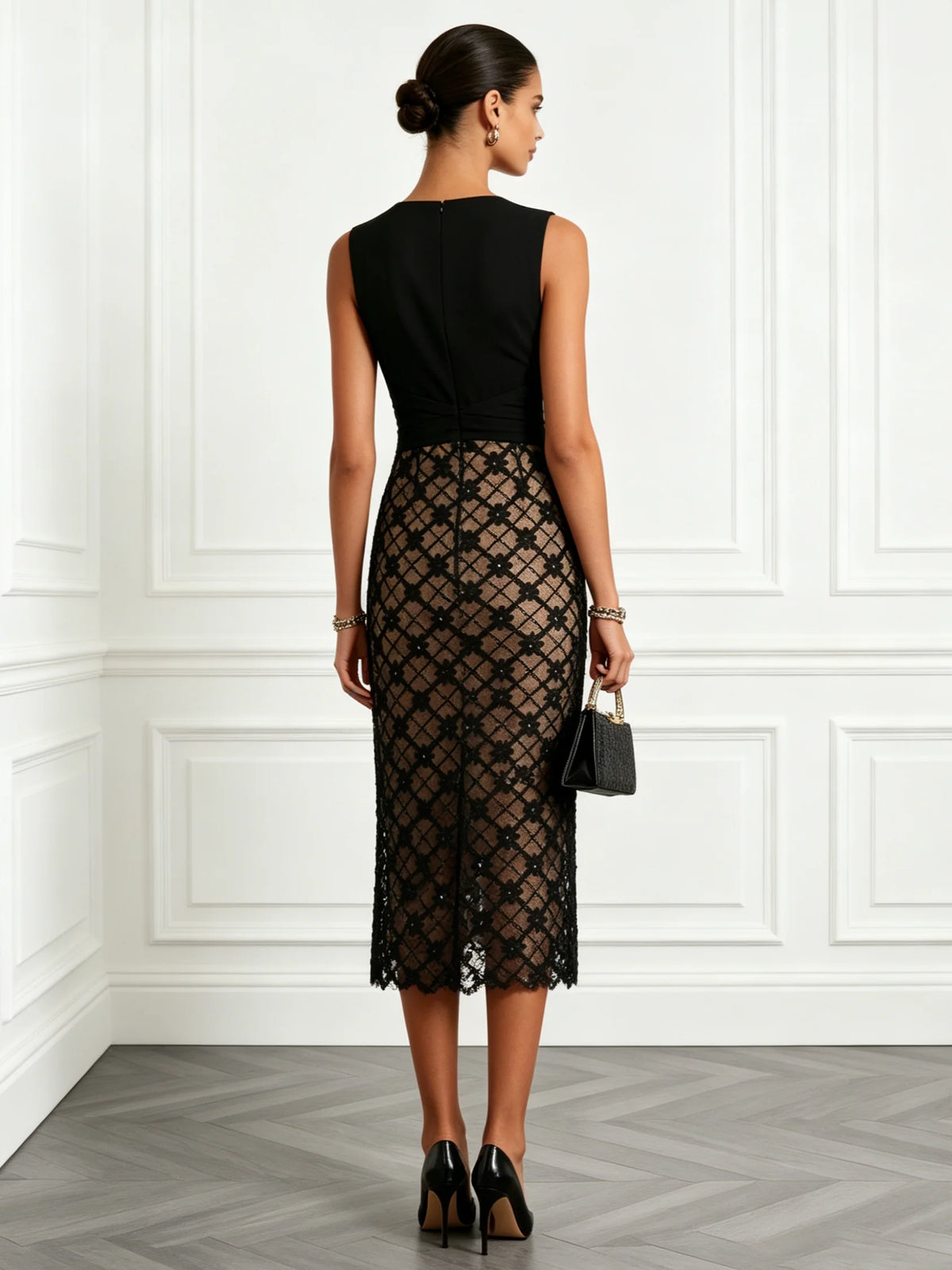 Black 3D Floral Classic Notched Sleeveless Sheath Midi Dress