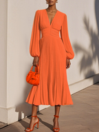 Light Blue Pleated Ruched Balloon Sleeve A-Line Midi Chiffon Dress