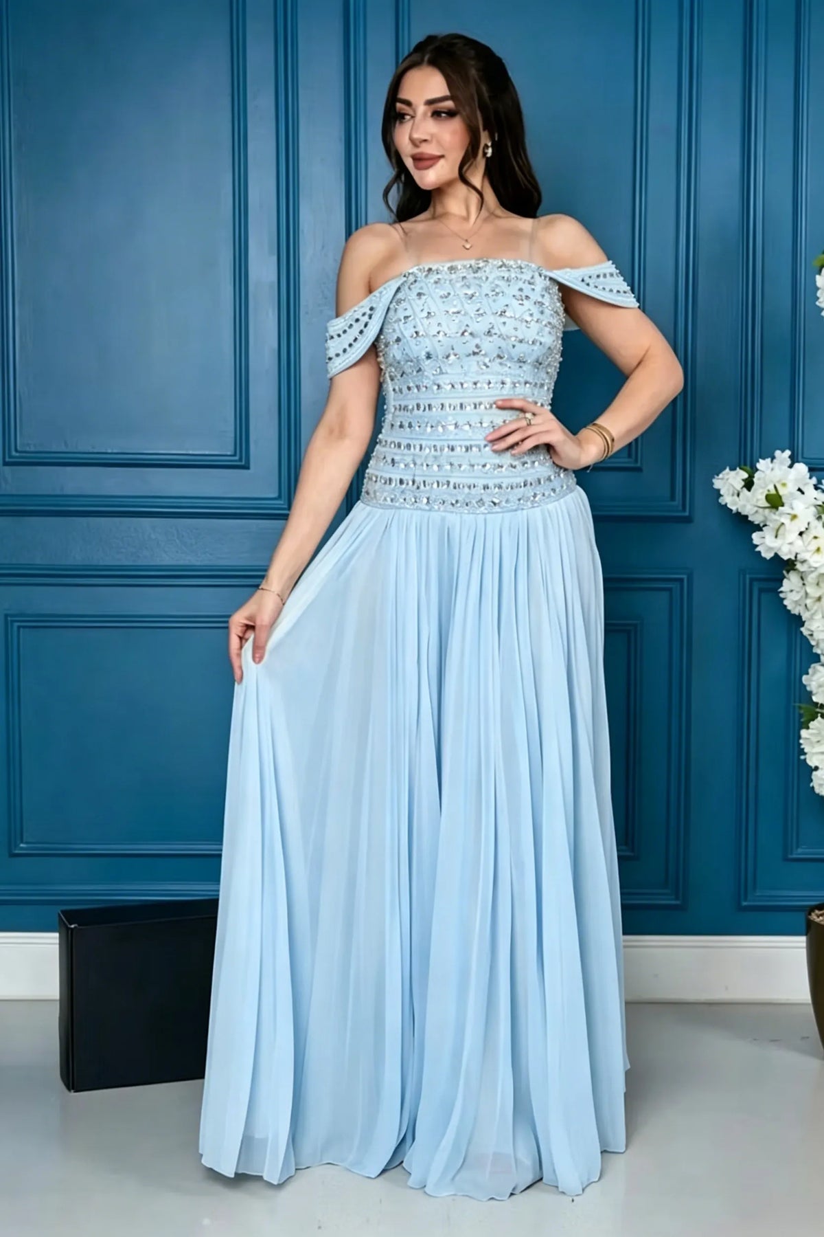 Cocoslly Off-The-Shoulder Sleeveless High Waist Long Prom Dress With Rhinstone | Champage Chiffon LR0566