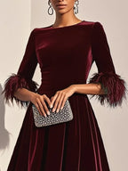 Wine Red Feather-trimmed Velvet Crew Neck Half Sleeve A-Line Midi Dress