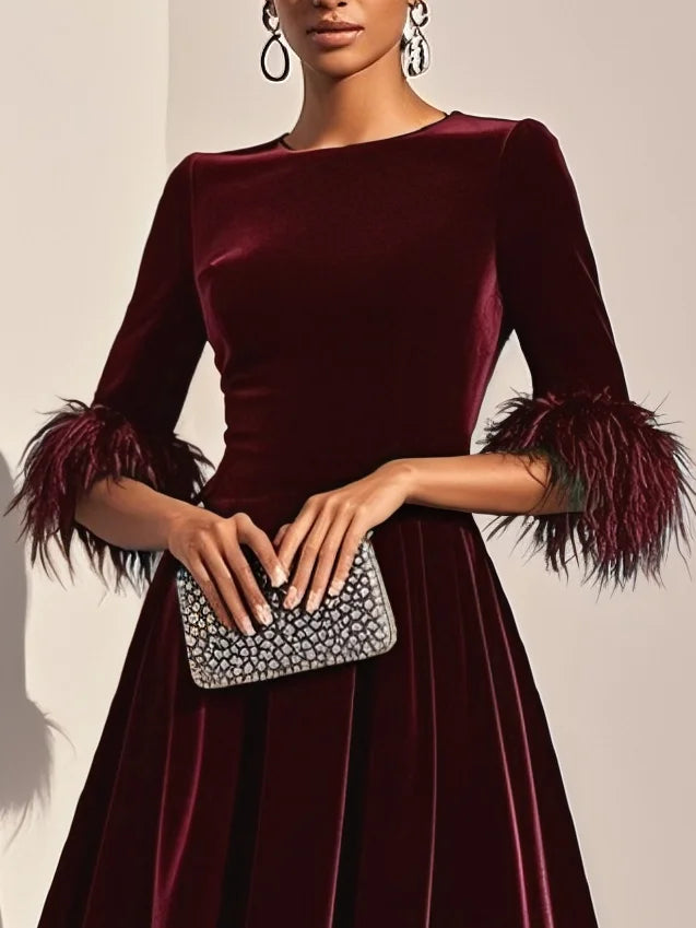 Wine Red Feather-trimmed Velvet Crew Neck Half Sleeve A-Line Midi Dress