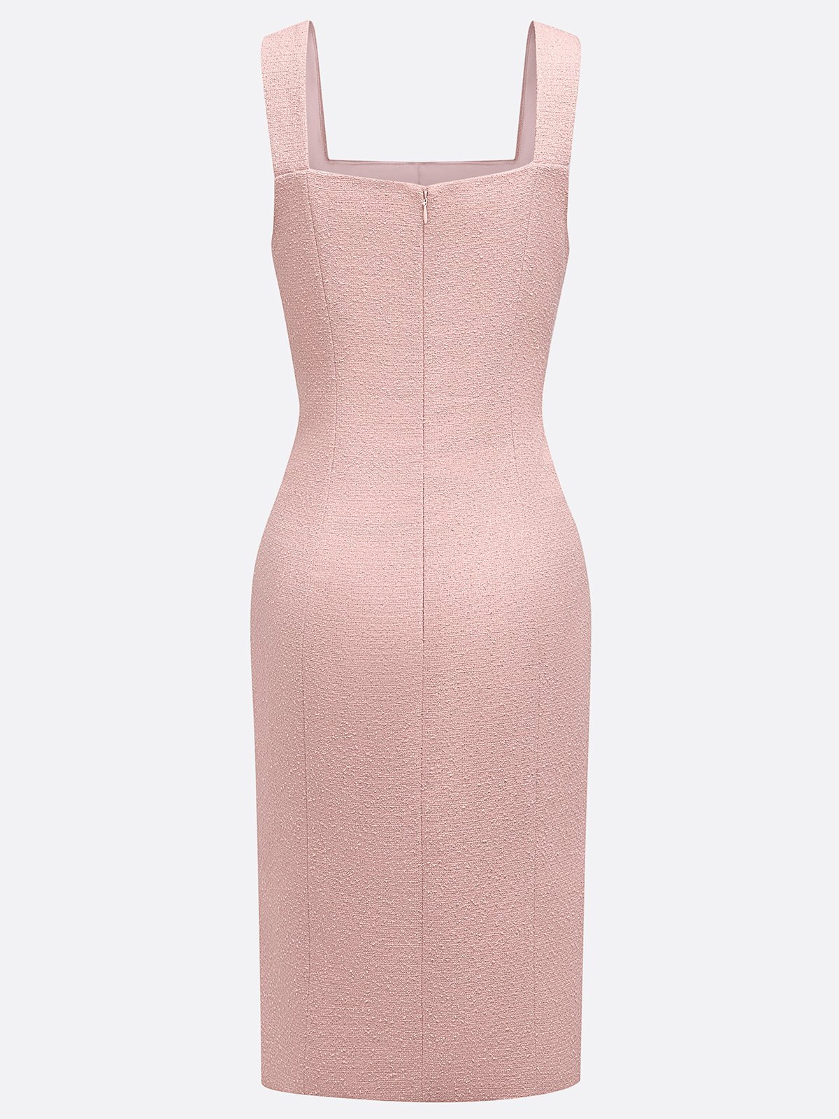 Pink Buckle Pocket Stitching Tweed Spaghetti Sleeveless Sheath Midi Dress