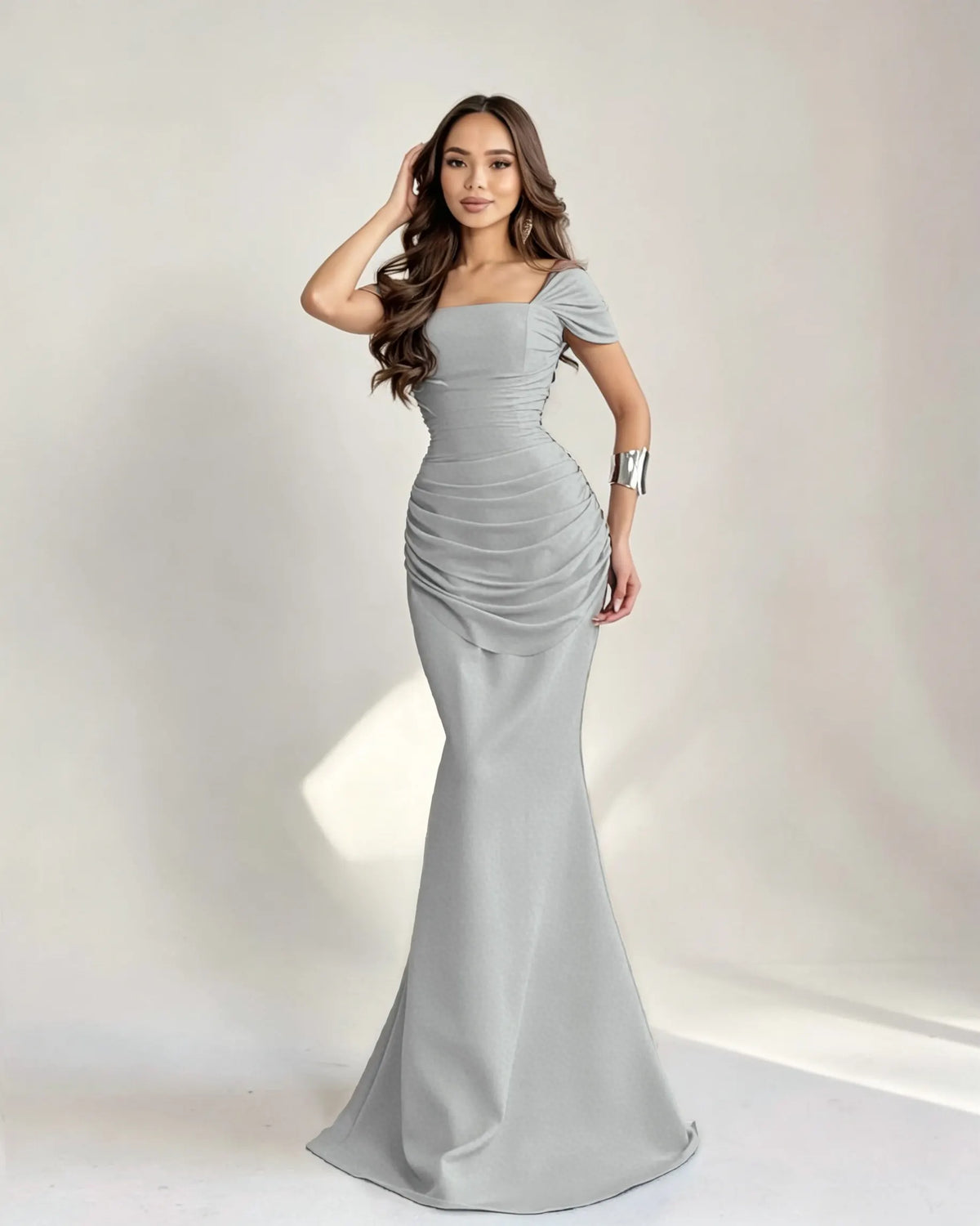 Cocoslly Square Neck Sleeveless High Waist Long Mermaid Prom Dress With Pleated | Burgundy Satin DB0128