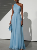 Light Blue Tulle One Shoulder Sleeveless A-Line Gown Dress