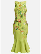 Green Floral Boat Neck Sleeveless Mermaid Midi Dress