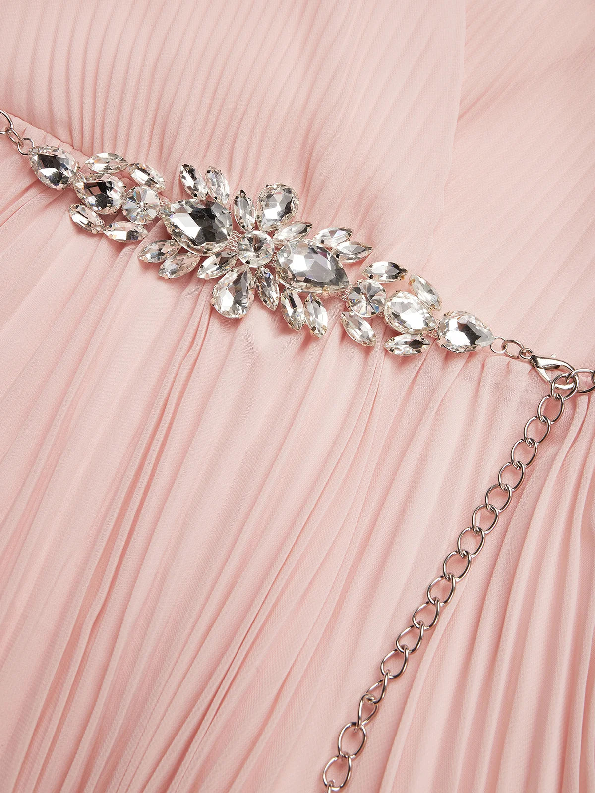 Pink Pleated Rhinestone Chiffon V Neck Short Sleeve Ruffle Sleeve A-Line Maxi Dress