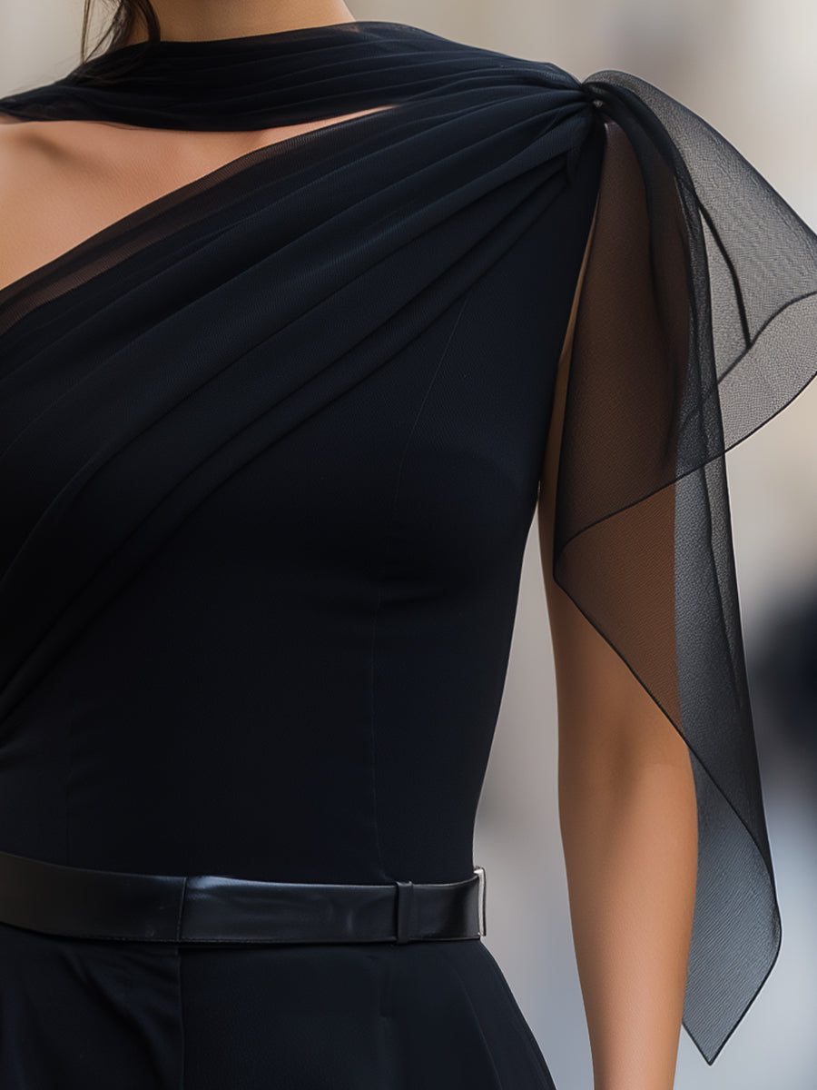 One-Shoulder Chiffon-Panel Draped Top Blouse