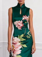 Dark Green Floral Hollow Out Satin Stand Collar Sleeveless Mermaid Gown Dress