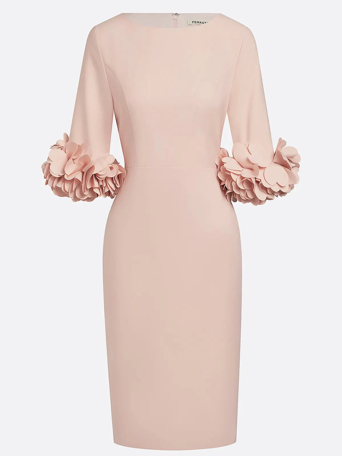 Light Pink 3D Floral Classic Crew Neck Half Sleeve Sheath Midi Dress