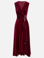Wine Red Rhinestone Ruched Velvet V Neck Sleeveless A-Line Midi Dress