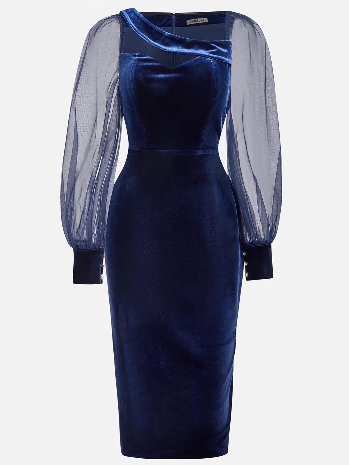 Purplish Blue Mesh Balloon Sleeve Sheath Midi Velvet Dress