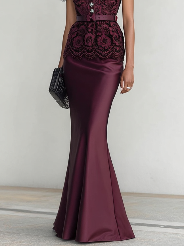 Wine Red Buckle Lace Classic Mock Neck Short Sleeve Mermaid Maxi Dress