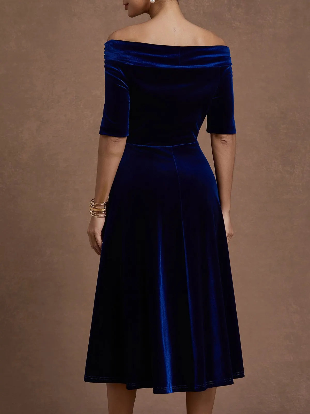 Deep Blue Applique Gathered Velvet Off The Shoulder Half Sleeve A-Line Midi Dress