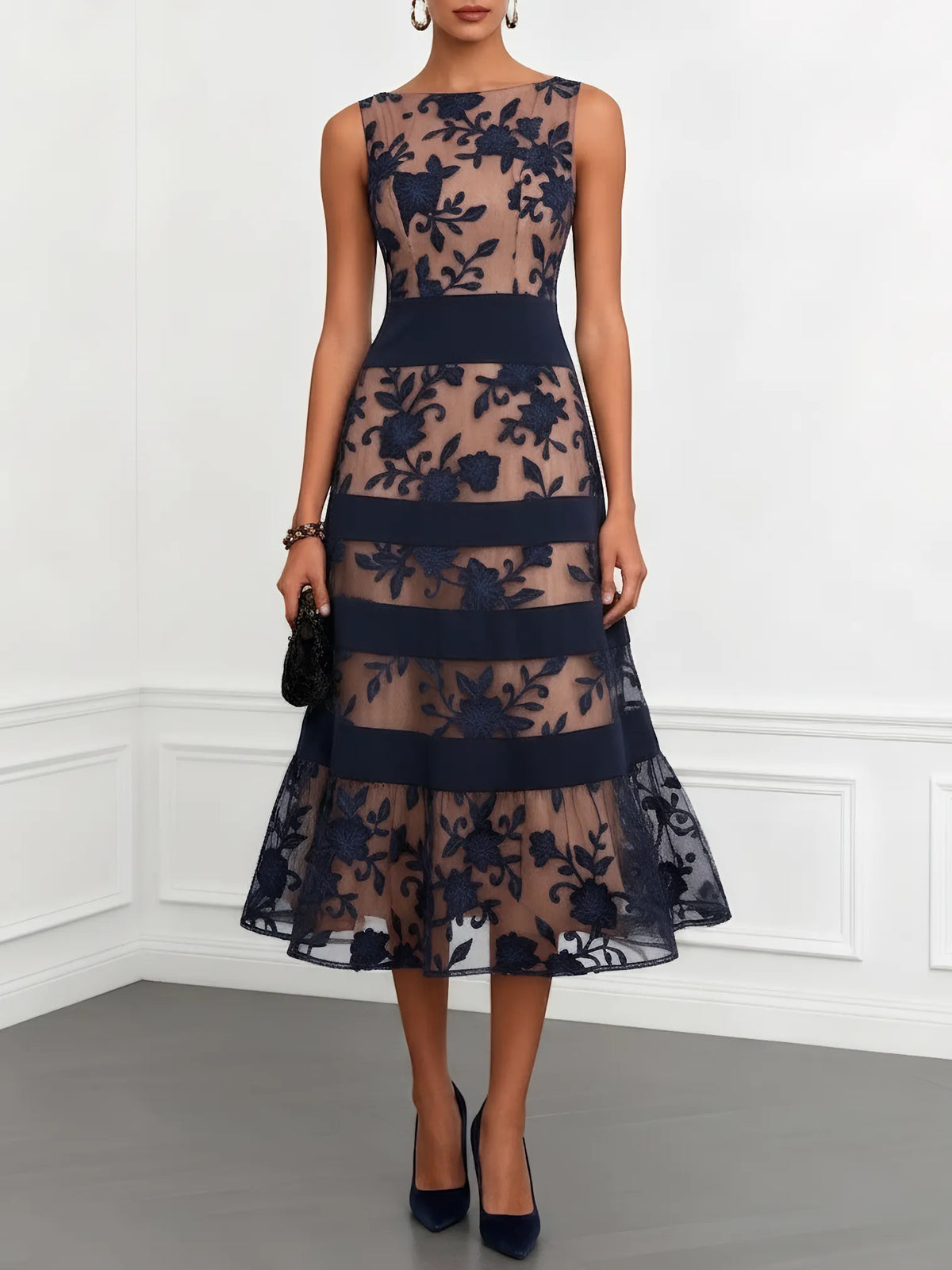 Purplish Blue Lace Jacquard Boat Neck Sleeveless A-Line Midi Dress