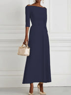 Purplish Blue Classic Off The Shoulder Half Sleeve A-Line Maxi Dress