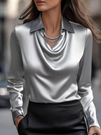 Elegant White Satin Blouse with Draped Neckline
