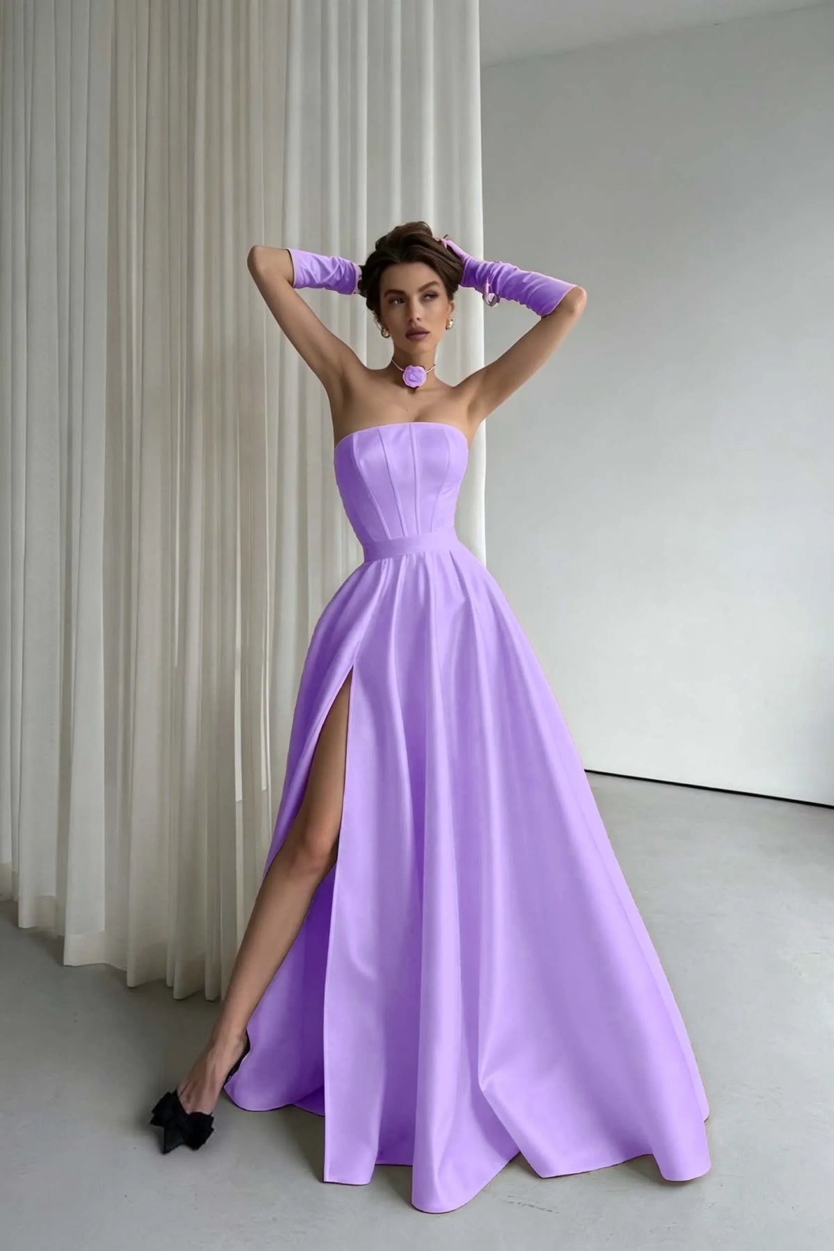Cocoslly Strapless Sleeveless High Waist Long Prom Dress With Split And Gloves | Black Satin ZT0723