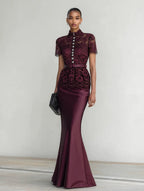Wine Red Buckle Lace Classic Mock Neck Short Sleeve Mermaid Maxi Dress