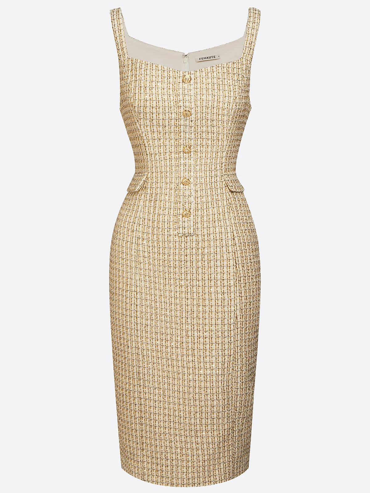 Golden Buckle Pocket Stitching Tweed Spaghetti Sleeveless Sheath Midi Dress