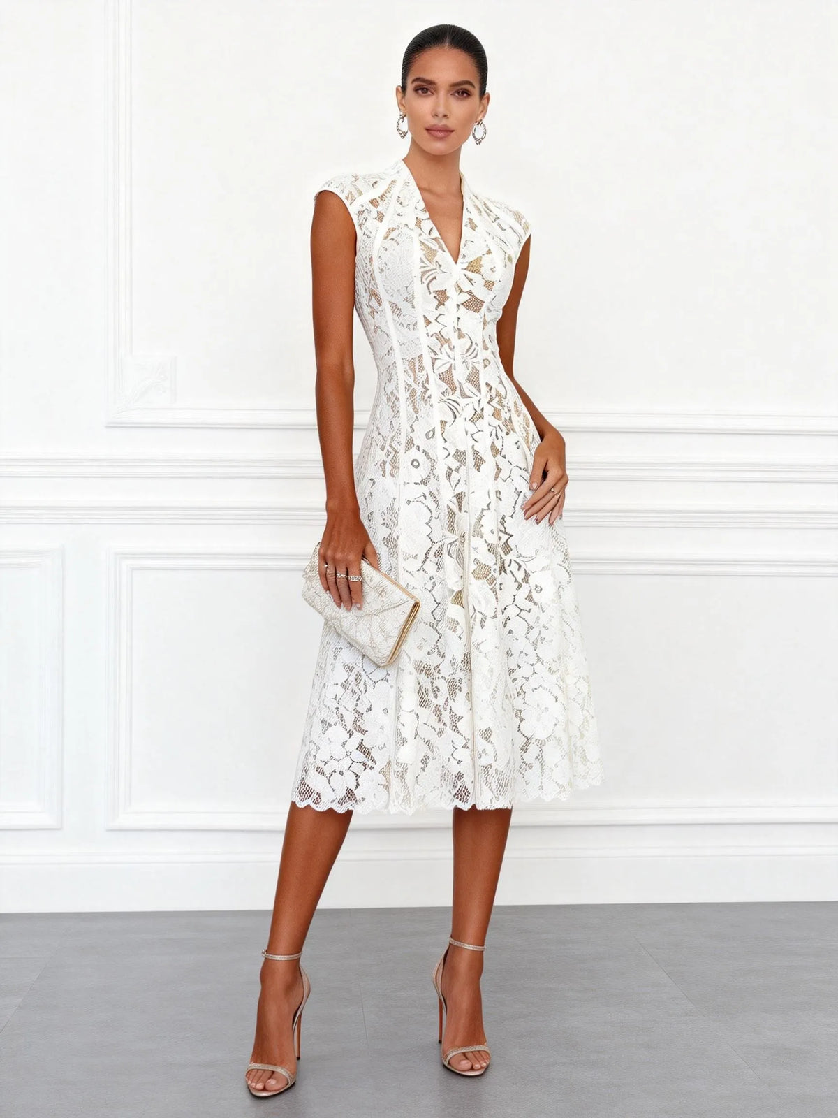 White Lace V Neck Sleeveless A-Line Midi Dress