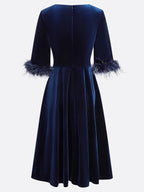 Purplish blue Feather-trimmed Velvet Crew Neck Half Sleeve A-Line Midi Dress