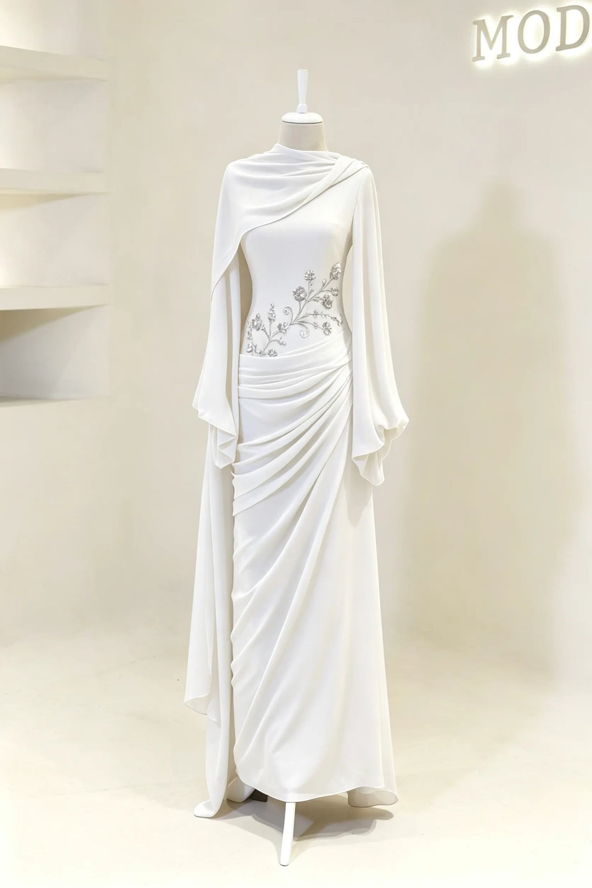 Cocoslly Long Sleeves High Waist Long Prom Dress With Pleated And Beading Pearls | Cabemet Chiffon ZA0710