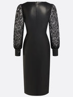 Black Lace Faux Leather Square Neck Long Sleeve Balloon Sleeve Sheath Midi Dress