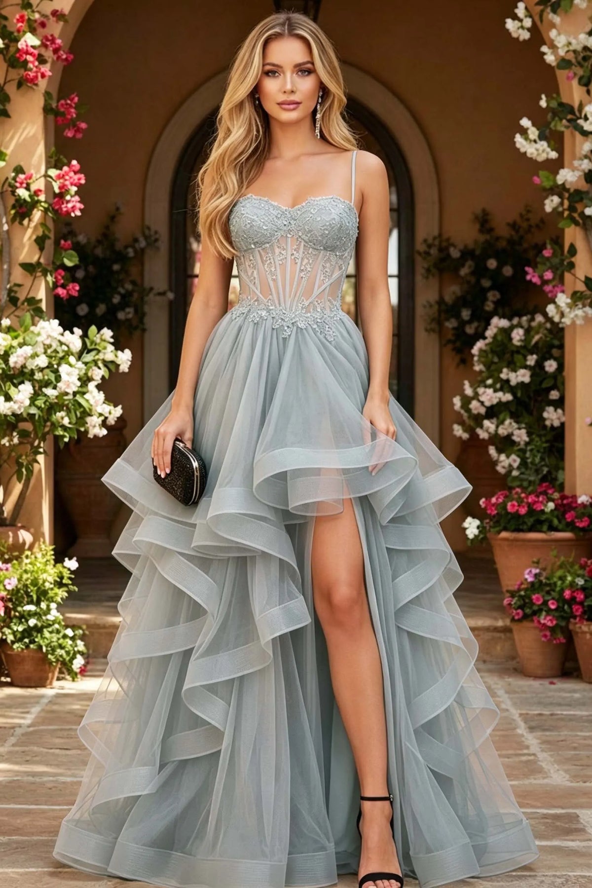 Cocoslly Spaghetti Straps Sleeveless High Waist Long Prom Dress With Beading Pearls And Split | Black Tulle LR0136