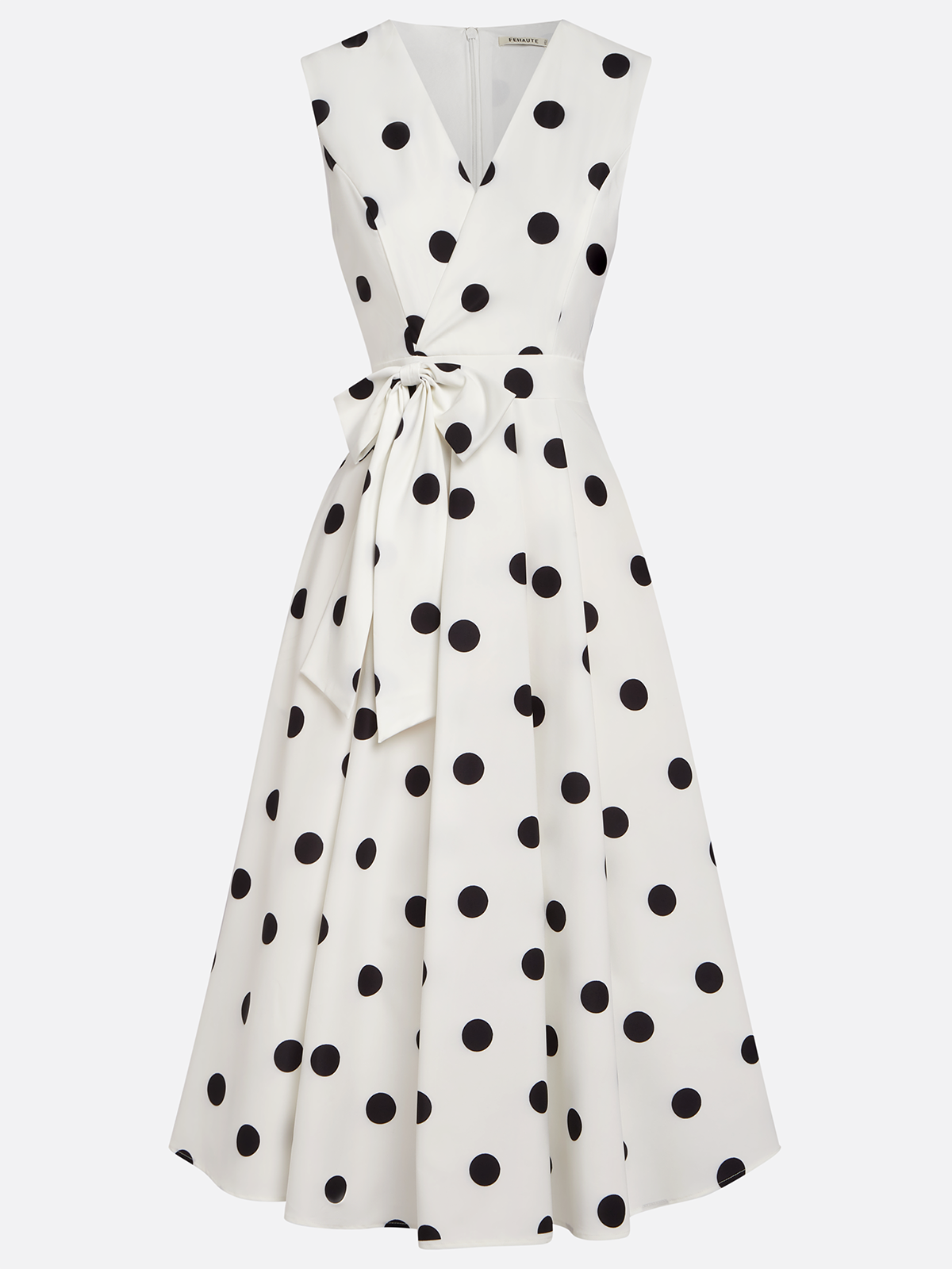 White Polka Dots V Neck Sleeveless A-Line Midi Dress
