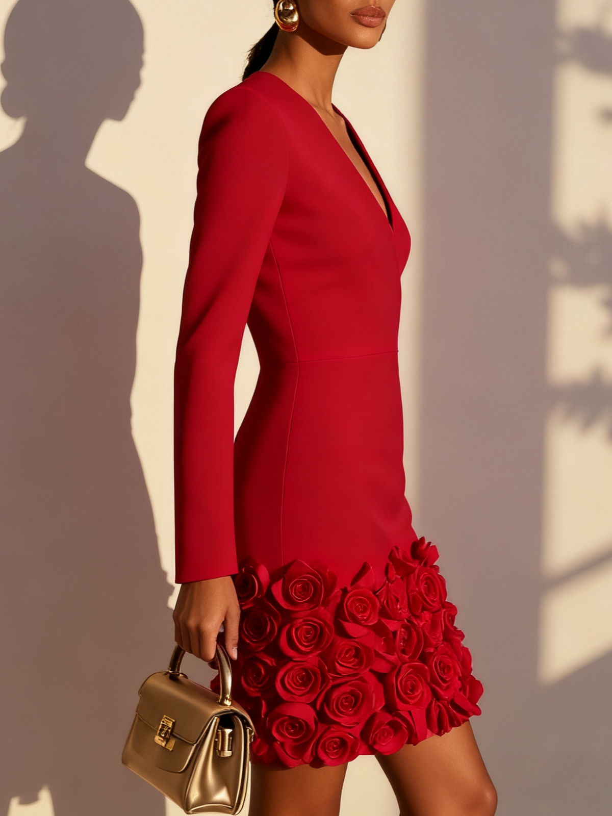 Red 3D Floral Classic V Neck Long Sleeve Sheath Mini Dress