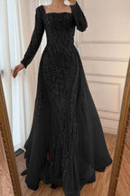 Square Neck Long Sleeves Long Mermaid Prom Dress With Beading Tulle WQ0442