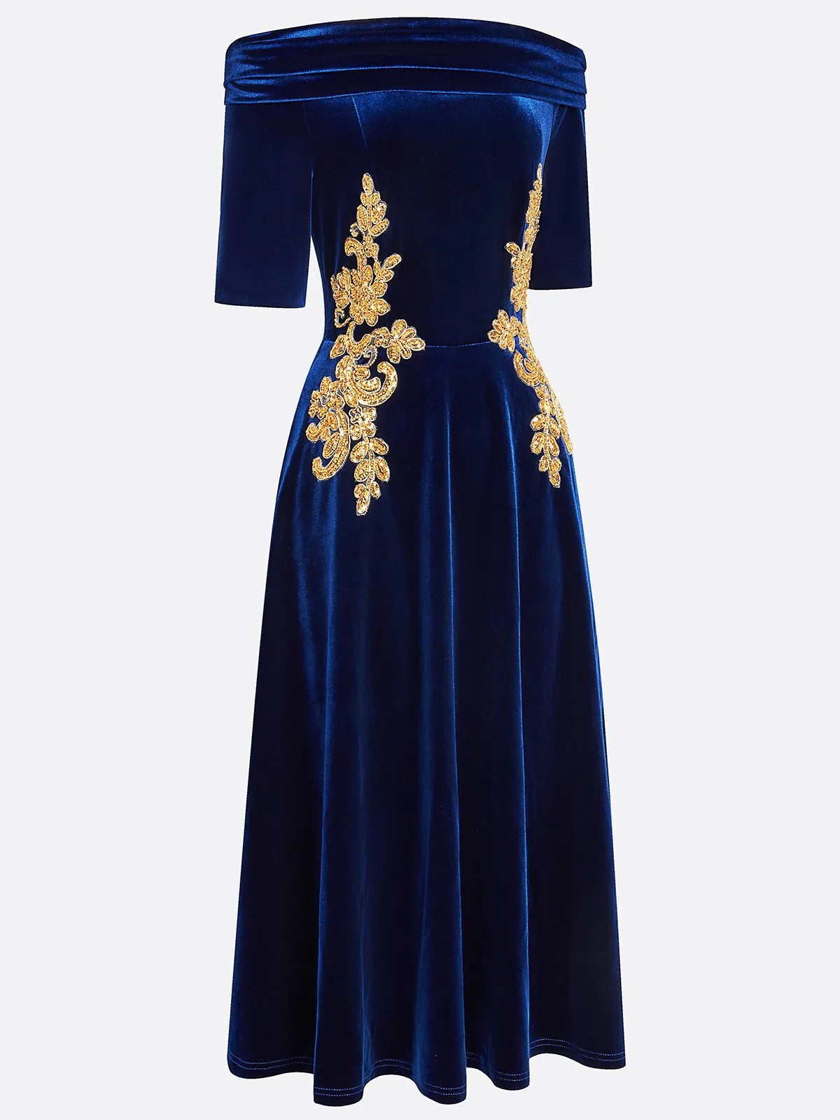 Deep Blue Applique Gathered Velvet Off The Shoulder Half Sleeve A-Line Midi Dress