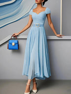 Light Blue Pleated Ruched Sweetheart Neckline A-Line Maxi Chiffon Dress