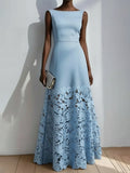 Light Blue Lace Classic Boat Neck Sleeveless A-Line Maxi Dress