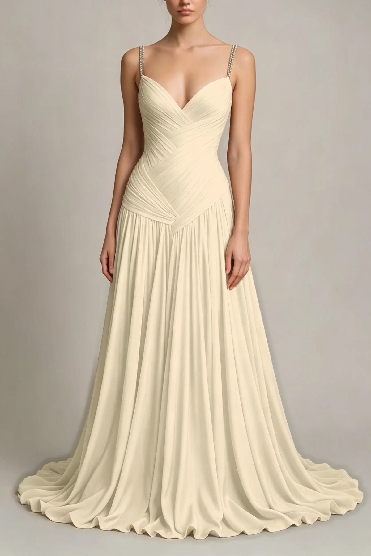 Cocoslly Spaghetti Straps Sleeveless High Waist Long Prom Dress With Pleated | Dusty Blue Chiffon LR0340