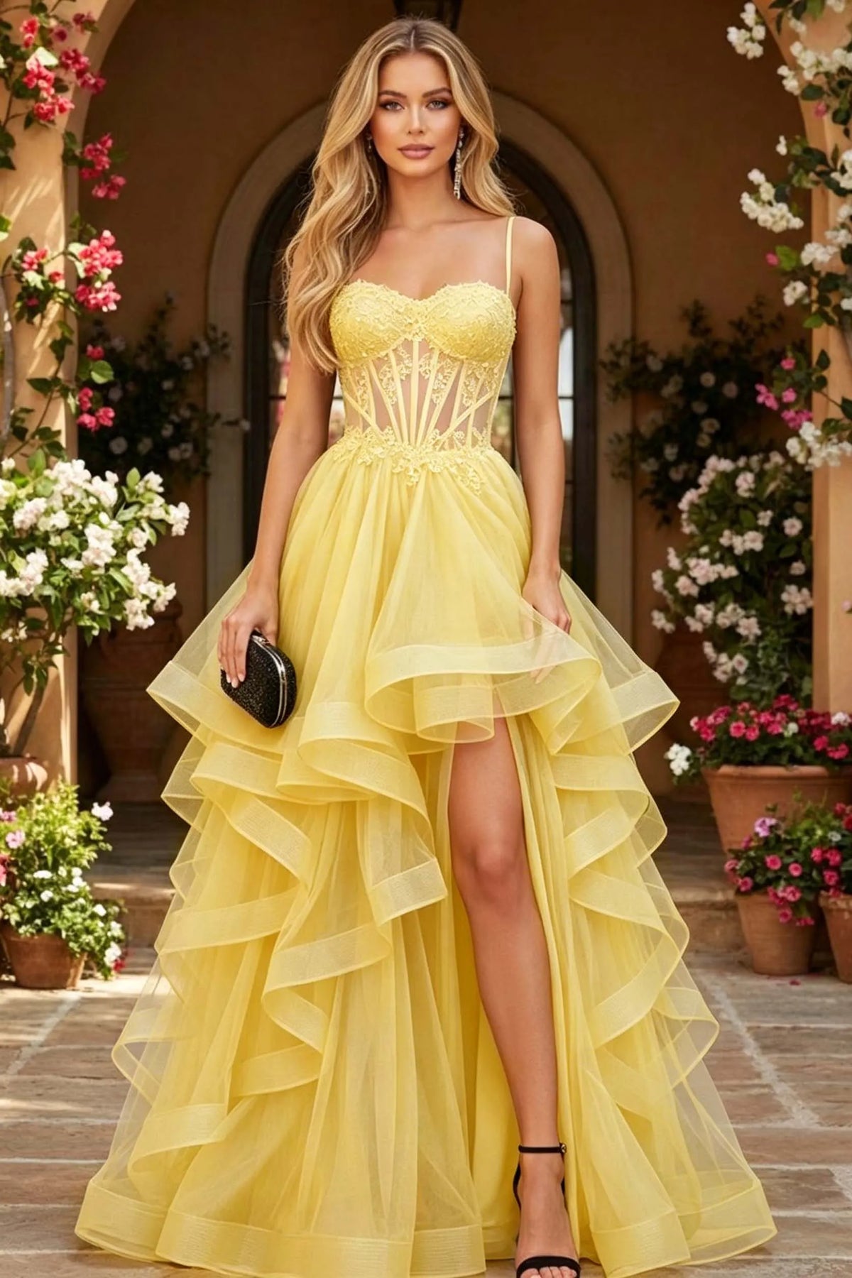 Cocoslly Spaghetti Straps Sleeveless High Waist Long Prom Dress With Beading Pearls And Split | Black Tulle LR0136