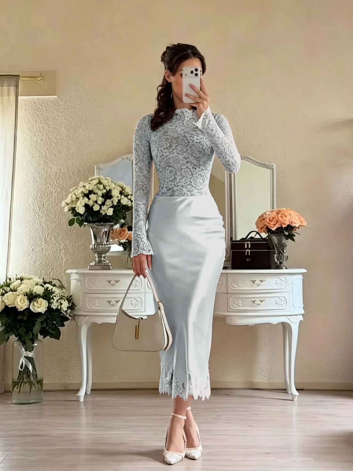 Cocoslly Long Sleeves High Waist Long Mermaid Prom Dress | White Lace And Satin JZ0165