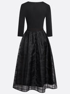 Black Organza Knit Crew Neck Half Sleeve A-Line Midi Dress