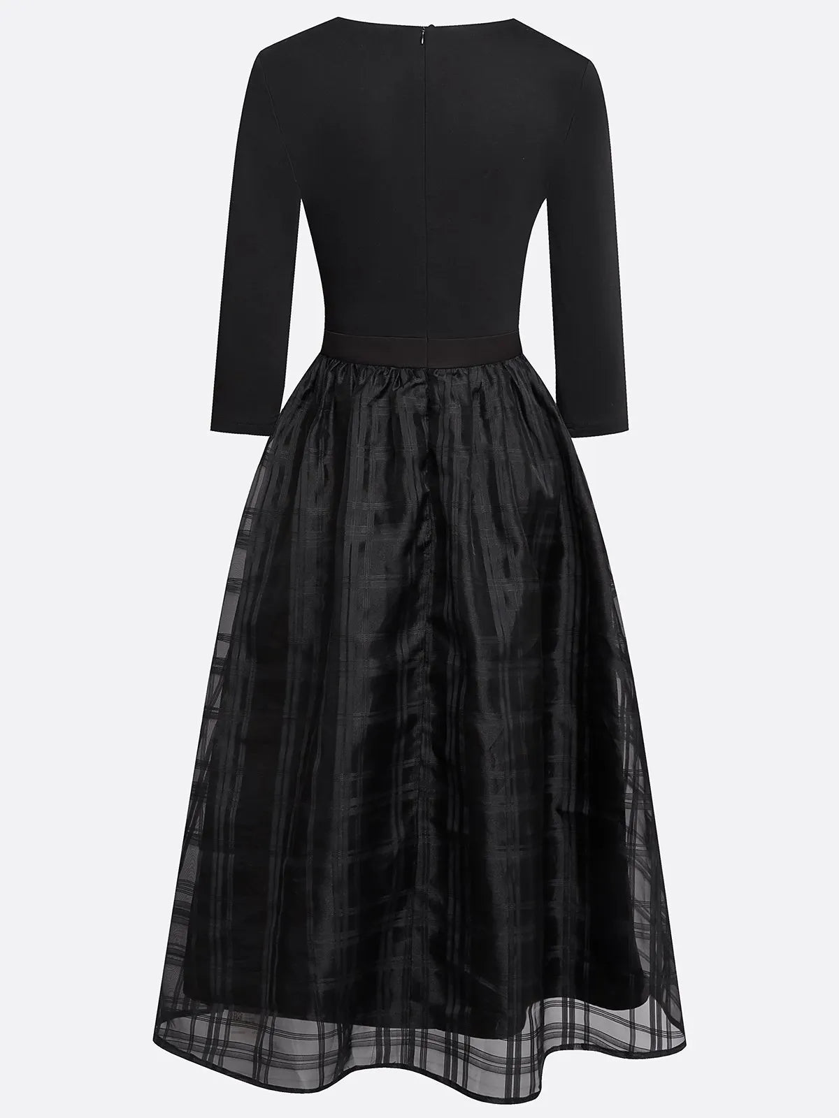 Black Organza Knit Crew Neck Half Sleeve A-Line Midi Dress