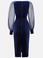 Purplish Blue Mesh Balloon Sleeve Sheath Midi Velvet Dress